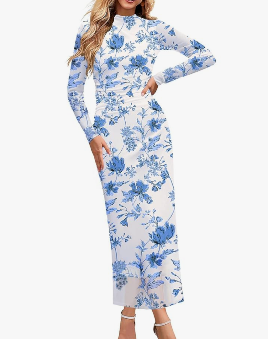 MEROKEETY Women's 2025 Long Sleeve Tie Dye Dress Bodycon Mock Neck Mesh Ruched Cocktail Maxi Dresses, Size L