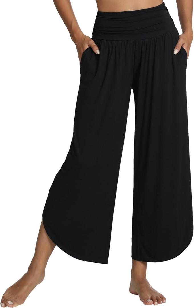WiWi Women's Lounge Pants Wide Leg Yoga Bottoms Soft High Waist Sweatpants with Pockets Viscose from Bamboo S-XXL (Medium, Black)