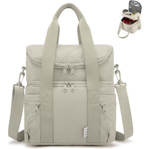 NOL Natural Organic Lifestyle Lunch Bag for Women - Large Double Deck Insulated Lunch Box Leakproof Reusable Lunch Cooler Puffer Lunch Tote Bag with Multiple Pockets for Work Picnic, Khaki