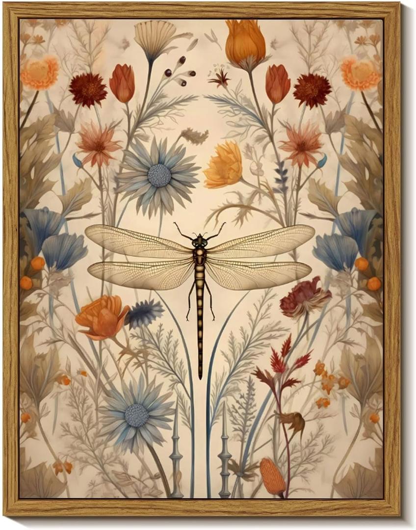 Framed Vintage Dragonfly Canvas Wall Art Whimsical Botanical Floral Picture Elegant Mid Century Natural Poster Prints Eclectic Insect Aesthetic Painting Wall Decor for Living Room Bedroom 8x10in