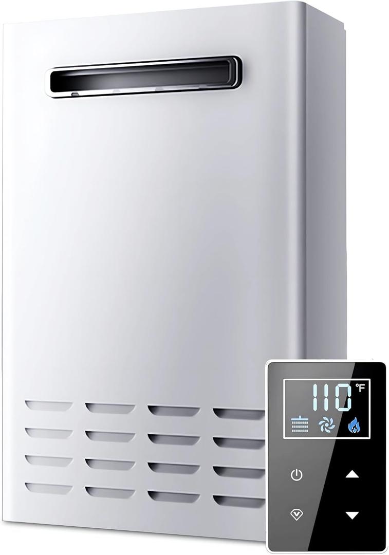 Propane Tankless Water Heater Outdoor, 5.2 GPM 130000 BTU On Demand Hot Water Heater with Remote Control, 110V Residential Instant Propane Waterheater (White)