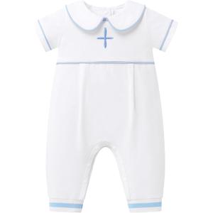 FYMNSI Newborn Baby Boys Baptism Outfits White Short Sleeve Romper Jumpsuit for Christening 1st Birthday Cake Smash Clothes (18-24 Months)