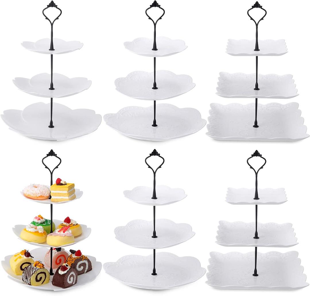 Sawysine 6 Pack 3 Tiered Serving Tray, Serving Tower 3 Tier Cupcake Stand Dessert Stand Bulk, White Thick Plastic Cupcake Tray Cookie Display for Tea Party Baby Shower Wedding Birthday Home(Black)