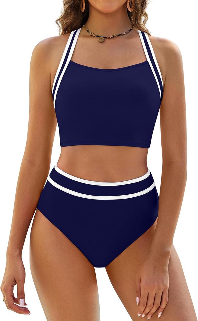 BMJL Women's High Waisted Bikini Sets Two Piece Swimsuits Sporty Tummy Control Bathing Suit Color Block Swim Suit (Large, Navy Blue)