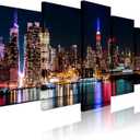Biuteawal - New York City Canvas Wall Art Manhattan Skyline at Night Picture Prints Modern Home Office Wall Decoration Stretched Ready to Hang (W50"xH24")