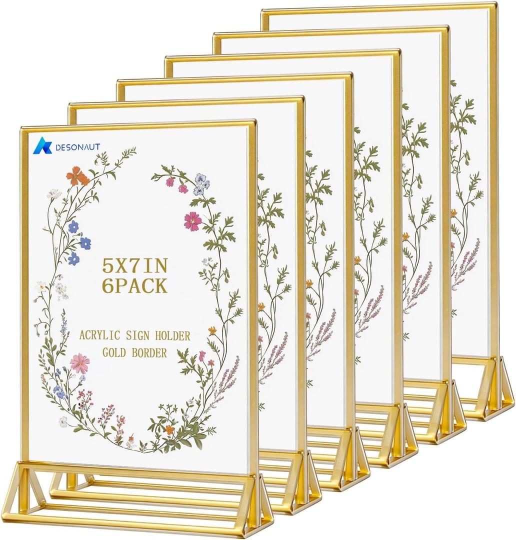 6 Pack Acrylic Sign Holder 5 x 7 Inchs, Double Sided Gold Picture Frame Stand up Table Top Sign Holders, Clear Display Stand Menu Flyer Holder for Wedding Party