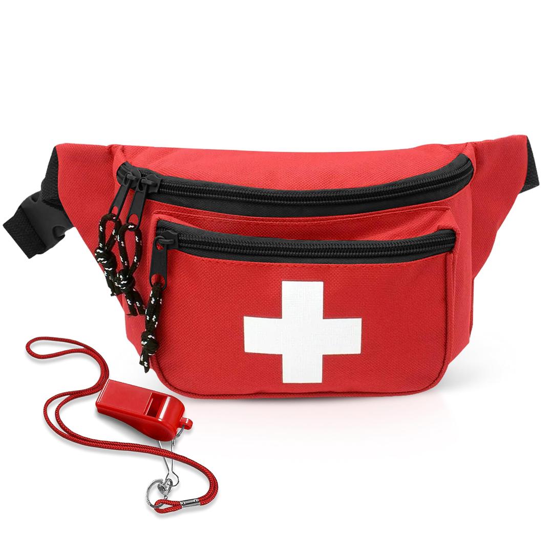 EMS XTRM Lifeguard Fanny Pack Red with Whistle Lanyard - Baywatch Style First Aid Hip Pack, Adjustable Strap, Cross Logo + Zipper Pouch, 10 Pack