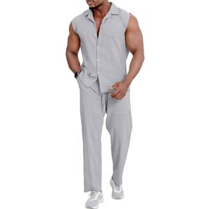 Mens Linen Sets 2 Piece Outfits Sleeveless Shirt and Pants Set Vacation Outfit for Men Summer Beach Suits, Light Gray, 3XL