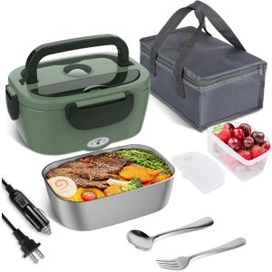 Vabaso Electric Lunch Box for Adults, 80W Heated Lunch Box Portable Food Warmer Lunch Box for Work/Men/Car/Truck with 1.5L 304 Stainless Steel Container Fork & Spoon, 110V/12V/24V (Dark Green)