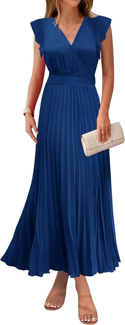 KIRUNDO Women's Summer Maxi Dresses Elegant V Neck Ruffle Flutter Sleeves Empire Waist Pleated Flowy Wedding Guest Dress (Dark Blue, Medium)