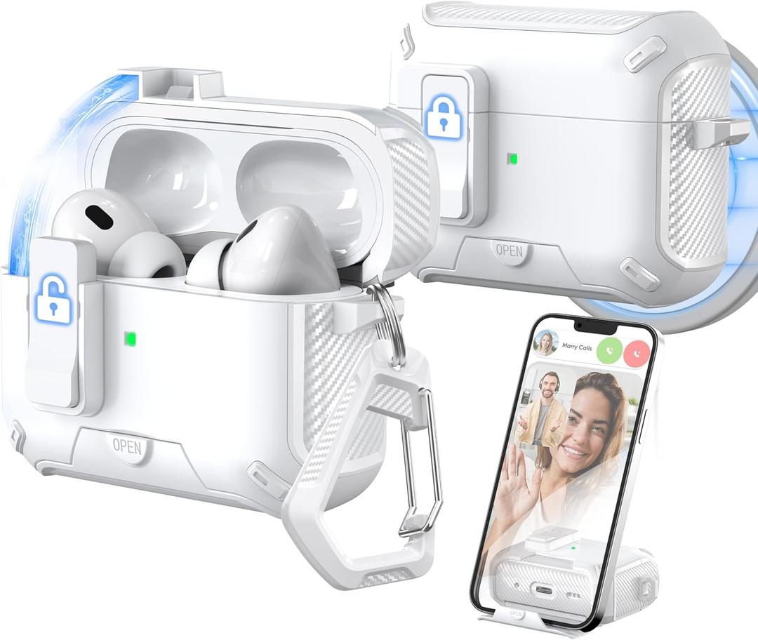 for AirPods Pro 2nd/1st Generation Case Cover, Compatible with Magsafe, Magnetic Automatic Lock, Charging Port Dust-Proof & Stand Design with Cleaning Kit, White