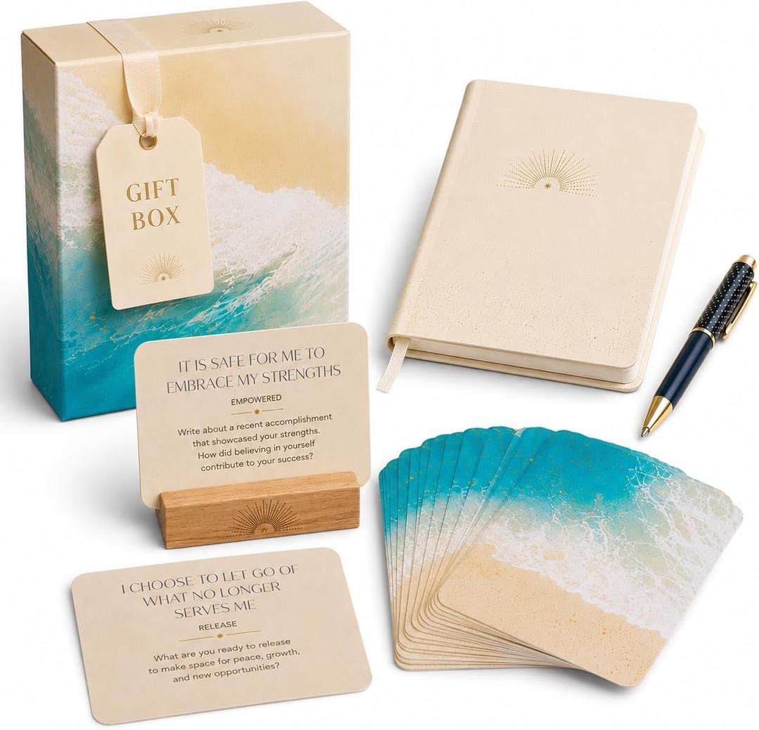 Journal Prompt Cards for Anxiety and Stress Relief | 55 Nervous System-Safe Affirmations + Guided Prompts, By a Nervous System Educator, Lined Journal & Wooden Stand Included