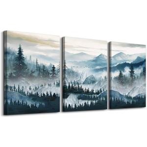 MHARTK66 Mountain Landscape Wall Art for Living Room, Large Foggy Forest Watercolor Artwork for Walls, 3 Piece Nature Mountain Forest Paintings Prints for Hallway Office Kitchen Wall Decor, 16x24 Inch