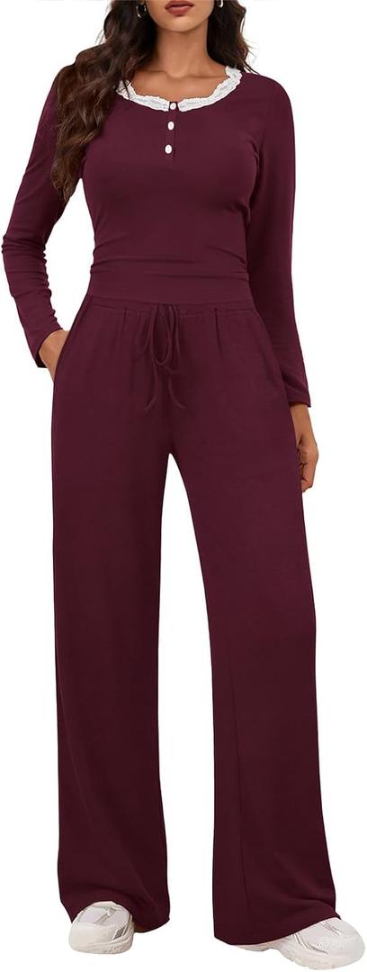 Two Piece Sets for Women Long Sleeve Wide Leg Tracksuits 2 Piece Lounge Sets Winter Casual Sweatsuits Matching Sets (Red, M)