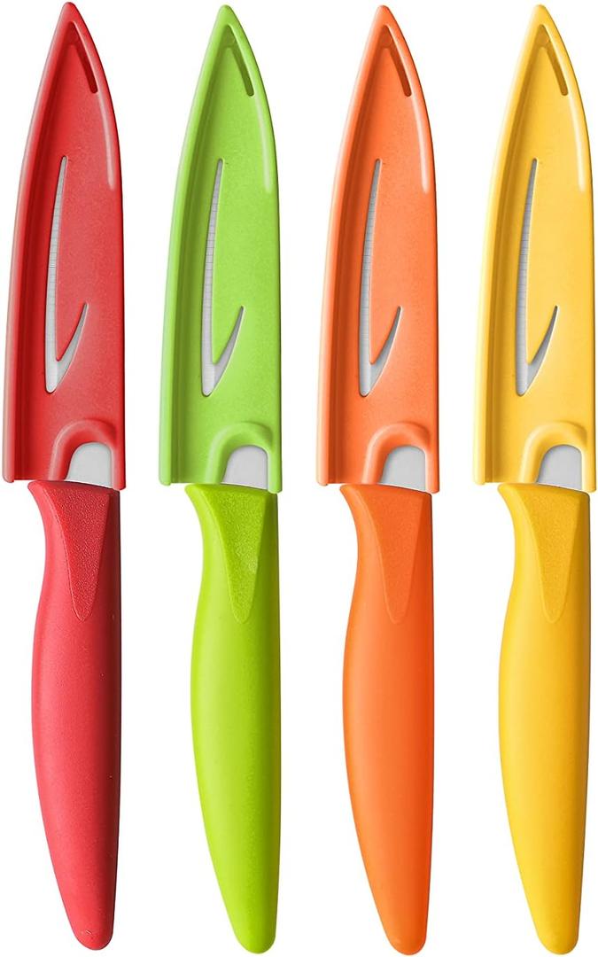 VITUER Paring knife, 4PCS Paring knives (4 Knives and 4 Knife cover), 4 Inch Peeling Fruit and Vegetable Knife, Ultra Sharp Kitchen Knives, German Steel, Plastic Handle