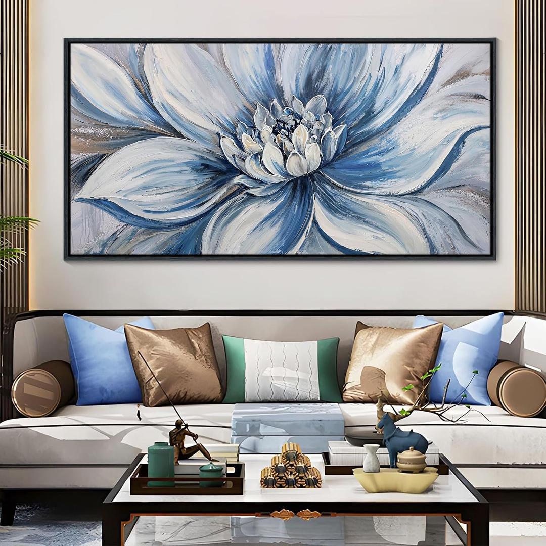 Pogusmavi Blue Floral Wall Art for Living Room - Large Textured Flower Pictures for Bedroom - Canvas Paintings, Extra Large Blue and White Wall Decor Dining Room Artwork for Walls 29x58IN