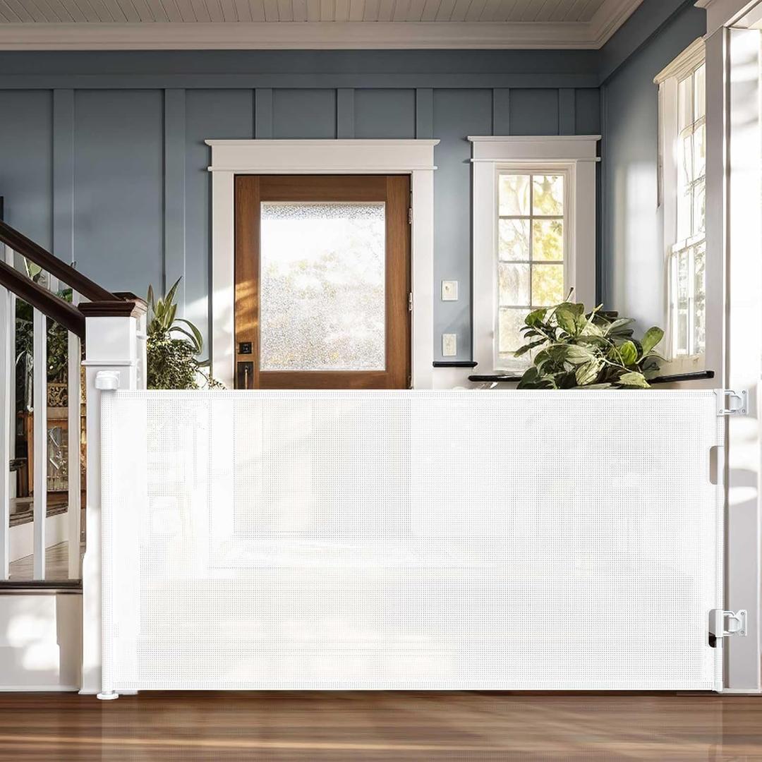 Cumbor Retractable Baby Gates, 33" Tall, Extends to 76", Extra Wide Mesh Dog & Child Gates for The House, Long Pet Safety Fence for Stairs, Doorways, Hallways, Porch, Indoor/Outdoor (White) (76" Wide)