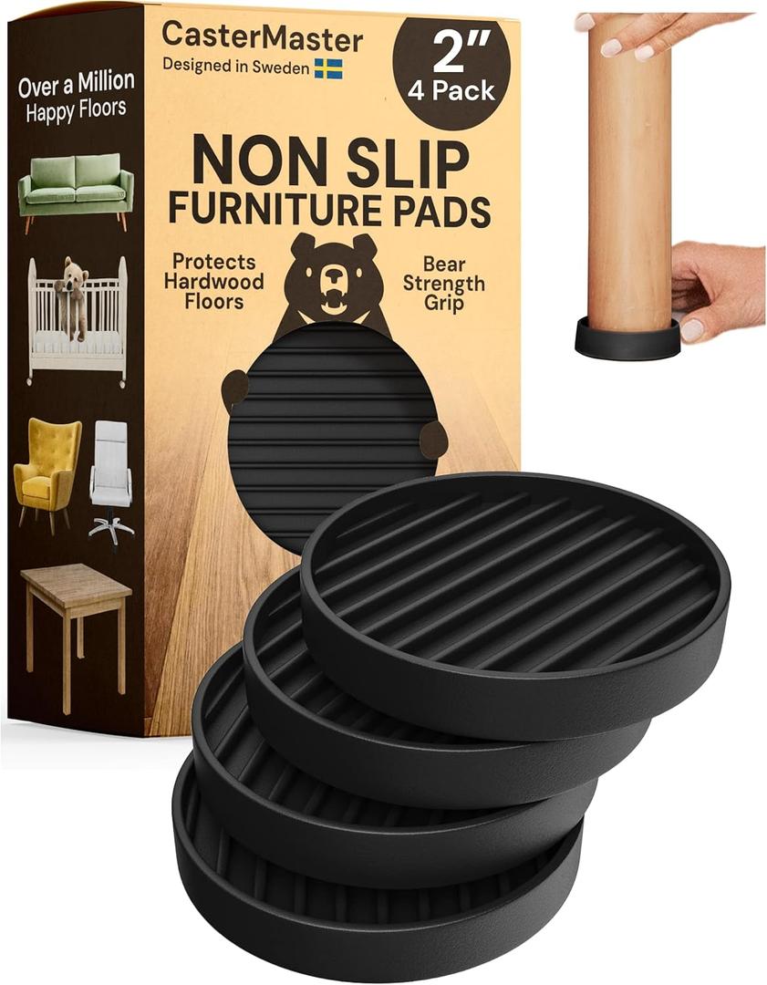 CasterMaster Non Slip Furniture Pads for Hardwood Floors - 2x2 Black Round Caster Cups, Rubber Feet, Couch Stoppers to Prevent Sliding, Sectional Couch Connectors - Set of 4 Furniture Casters
