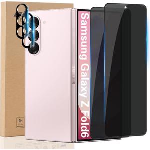Privacy Screen Protector for Samsung Galaxy Z Fold 6, 2X Anti Spy Front/Back Tempered Glass Saver Film+ 2X Camera Lens Protector 28° Anti-Spy, Case Friendly, Anti Scratch Bubble Free Shields for Z Fold6