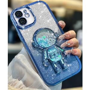 Loheckle for iPhone 12 Case - Women Girls Cute Glitter with Camera Lens Protector Cover Astronaut Liquid Girly Sparkle Sparkly Aesthetic Bling Shiny Design Phone Case for iPhone 12 6.1'', Blue
