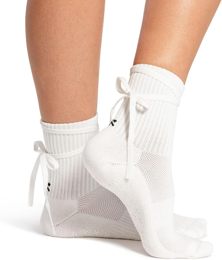 Kamo Fitness Pilates Socks with Grips for Women - Non-Slip Yoga, Barre Grip Sock - Grippy Cotton Crew Socks for Pilates, Yoga, Ballet, Reformer (White Strip Style, One Size)