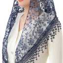 PAMOR Triangle Lace Veil Mantilla Cathedral Head Covering Chapel Veil for Mass Wedding Bridesmaids (Blue)