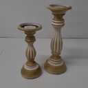 Mela Artisans Whitewashed Hand Carved Wooden Pillar Candle Holders - Set of 2 | Hana Decorative Style | Crafted from Mango Wood | Rustic Table Centerpiece Decor | Sized 9" and 12"