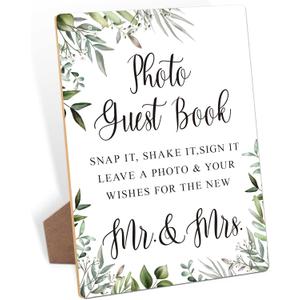 Toctose 8x11 Inch Wooden Wedding Signs for Ceremony and Reception, Rustic Vintage Photo Guest Book Sign with Stand
