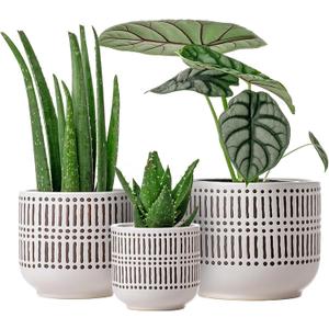 Docrin Plant Pots Ceramic: 6.5+5.3+4 Inch Flower Pots with Drainage Holes for Plants, Modern Flower Pots for Home and Office, Indoor-Outdoor - Set of 3/White and Black