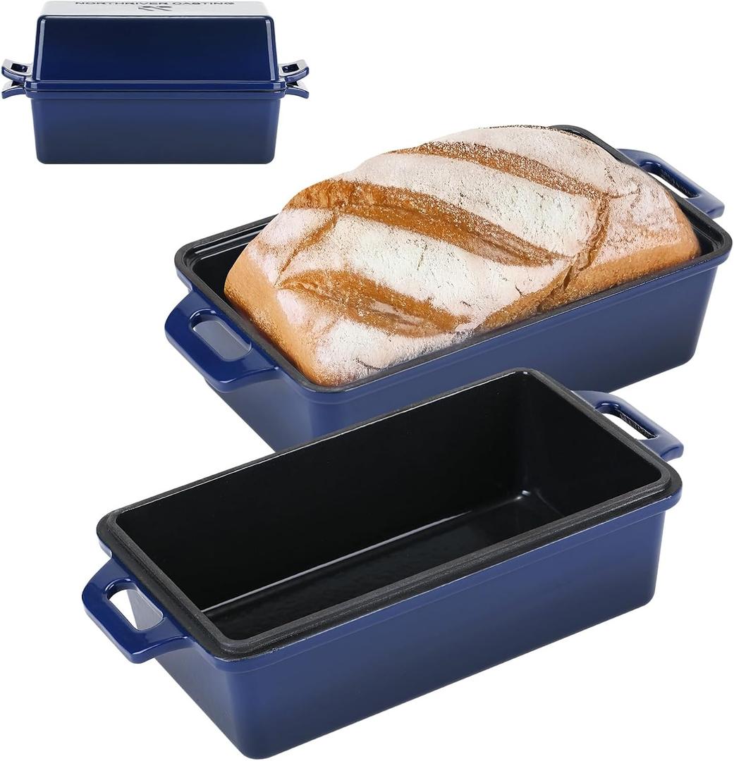 Northriver Casting 2 in 1 Enameled Cast Iron Bread Pan with Lid, Perfect Bread Oven, Loaf Pans for Baking Homemade Sourdough Bread 9x5, 2 Piece set, Navy Blue
