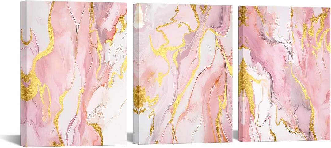 Artsbay Abstract Wall Art Pink Rose Gold Marble Painting Modern Artwork for Bedroom Living Room 12" Wx16 H x3PCS