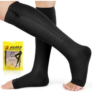 Ailaka Zipper Compression Socks for Women Men, 20-30 mmHg Open Toe Compression Socks Knee High, Ted Hose Compression Stockings for Edema, Varicose Veins, L