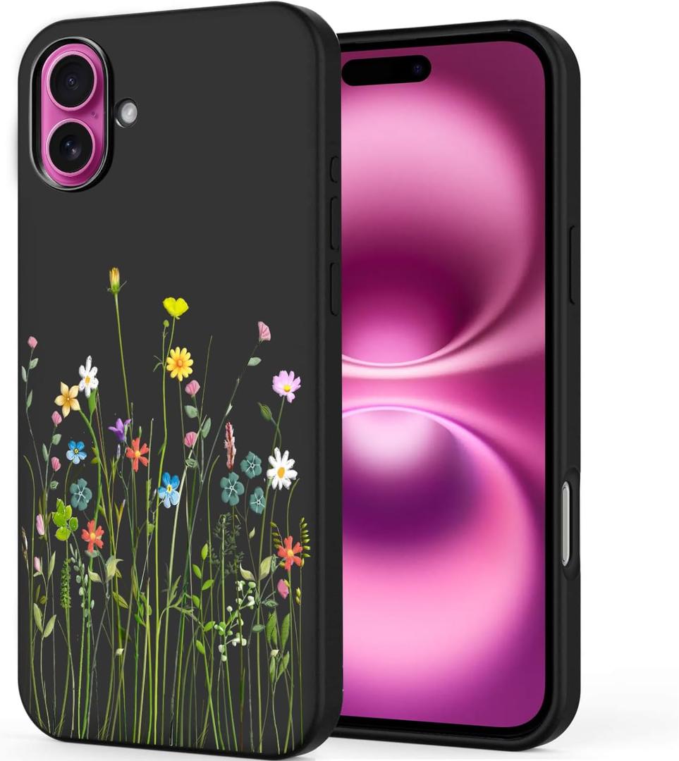 Unov Case Designed for iPhone 16, Black Phone Case with [Anti-Slip Embossed Pattern], Shockproof Slim Protective [Anti-Scratch TPU] Back Cover, Floral Bouquet
