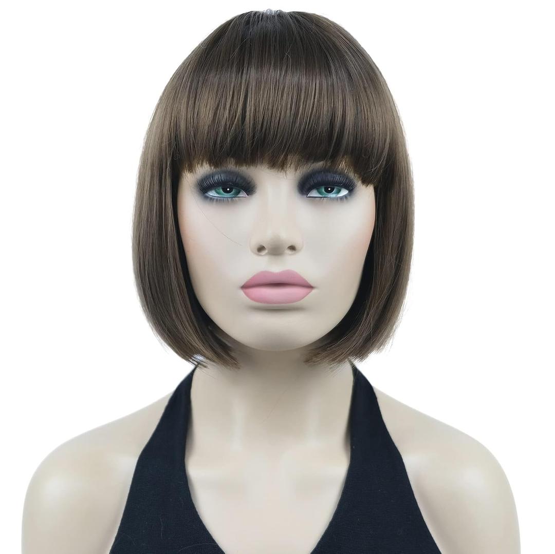 Lydell 8" Straight Short Bob Wigs Heat Resistant Synthetic Hair Flat Bangs Cute Central Dot Skin (10 Medium Golden Brown)