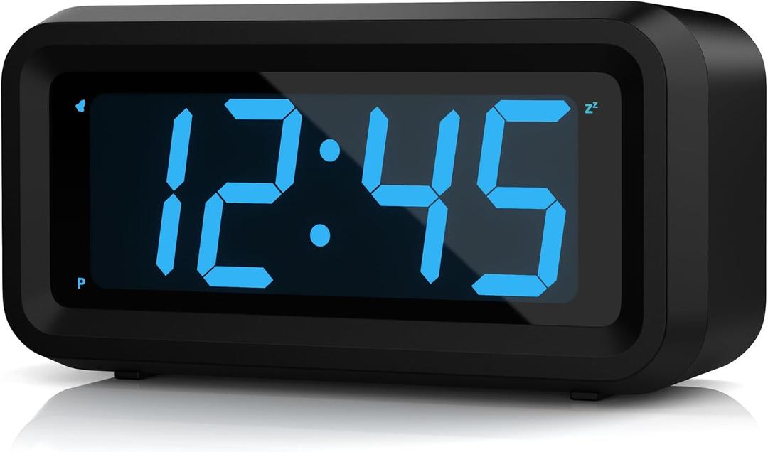 KWANWA Alarm Clock, Digital Clock, Constantly 1.2'' LED Blue Digits Display, Battery Powered, Snooze, Small Wall Clock, Desk Clock, Clock for Bedroom, Alarm Clock for Heavy Sleepers (Black Case-blue Led)
