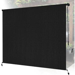 8'W x 8'H Black Patio Shades Roll up Outdoor Roller Shade Crank Wand Blind Cordless, 90% UV Blocking & Privacy Protection for Porch|Gazebo|Pergola|Backyard (2 Splicing Tube, 1 Fabric)