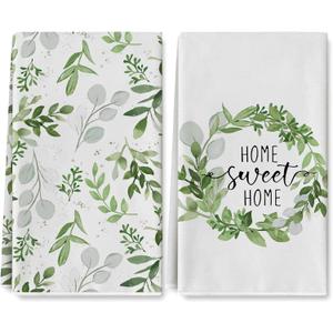 Whaline Greenery Kitchen Towel 18 x 28 Inch Watercolor Green Leaves Dish Towel Home Sweet Home Eucalyptus Hand Drying Tea Towels for Spring Summer Baking Cooking Cleaning Party Supplies, 2Pcs