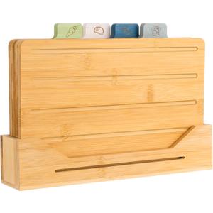 Bamboo Cutting Board Set of 4 with Labeled Food Icon for Kitchen- Wood Cutting Board with Stand Chopping Boards Set with Holder for Meat, Fish, Bread, Vegetable Chopping