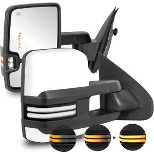 2PCS Painted White Towing Mirrors Power Heated Compatible for 2008-2013 Chevy Silverado Suburban Tahoe GMC Serria Yukon w/Sequential Turn light, Clearance Lamp, White Running Light