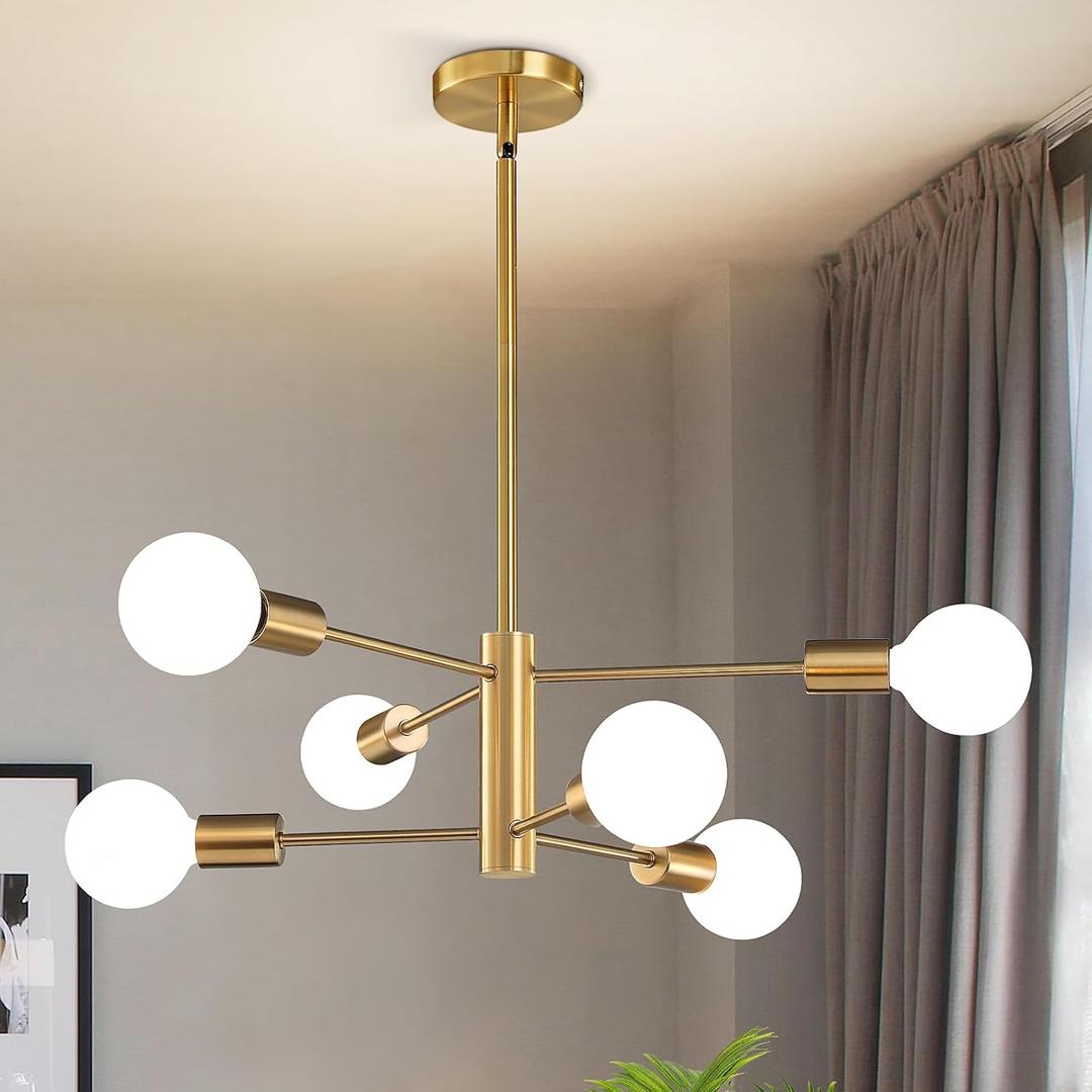 RUIYEY Modern Sputnik Chandeliers Light, 6-Light Gold Dining Room Chandelier Over Table, E26 Mid Century Ceiling Light Fixtures Height Adjustable Hanging Pendant Lighting for Entryway Foyer