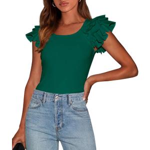 PRETTYGARDEN Women's Ruffle Short Sleeve Shirts 2026 Summer Casual Basic Tee Cute Fitted Crew Neck Fashion Tops Clothes (Green, M)