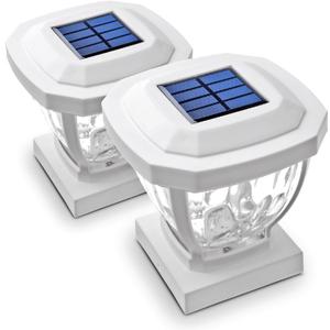 Home Zone Security Solar Post Cap Lights - Decorative Glass LED Outdoor 4x4 (3.5 x 3.5 in.) Post Lights, White (2-Pack)