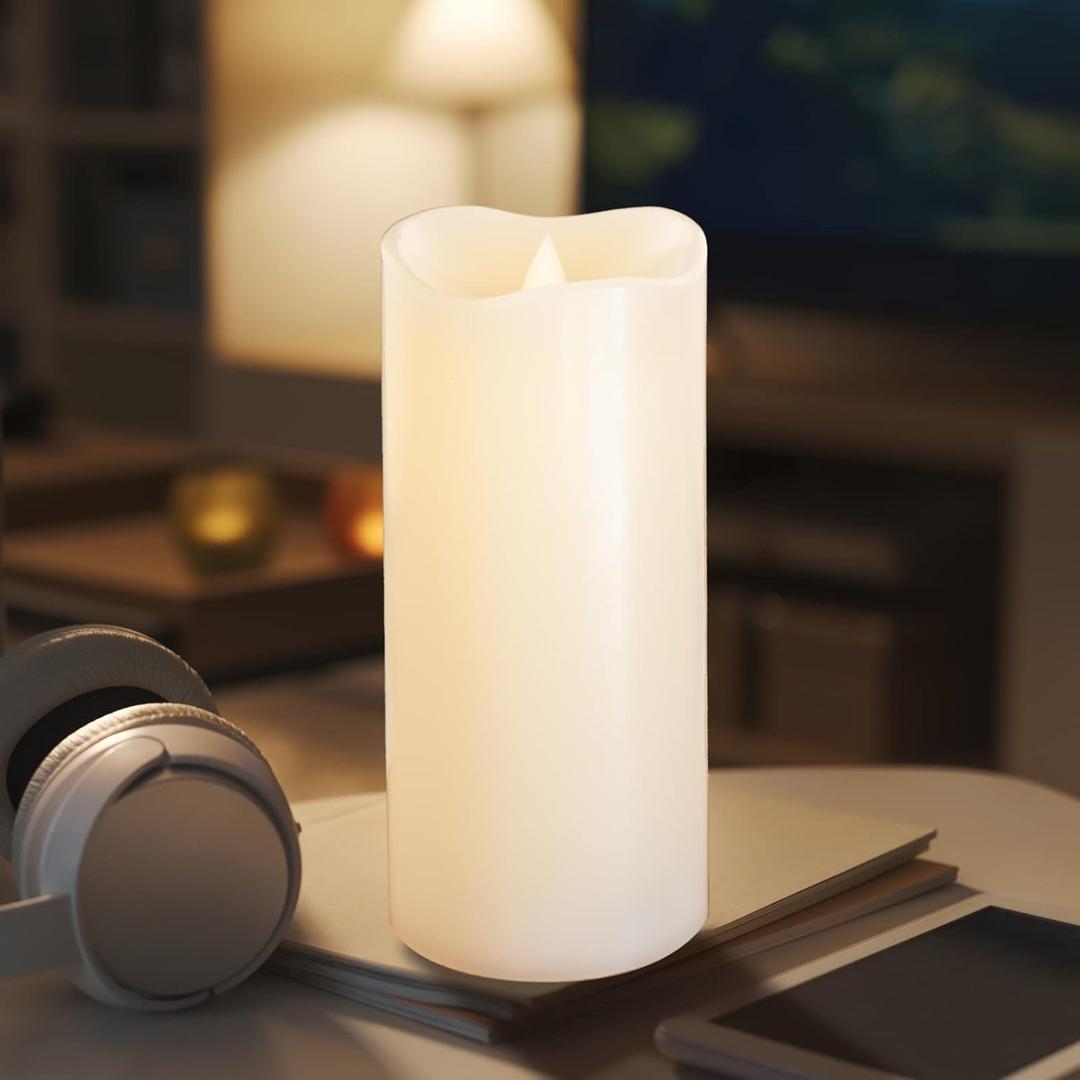 HoogaLife Flameless Candles 1200 Hours Flame Effect (D 3" x H 7") Ivory Auto-Moving 3D Wick, LED Pillar Candles Real Wax with Timer Battery Operated and Remote to Buy Separately