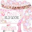 One Silly Goose Birthday Decor Girl Pink Balloons Garland Kit One Silly Goose Backdrop Highchair Photo Banner Cake Topper for Farm Animal First Birthday Decorations