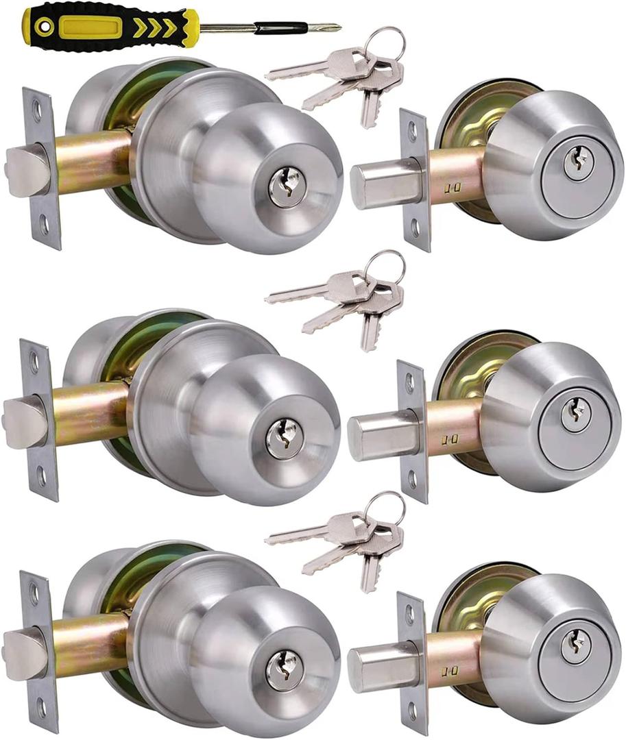 (3Sets) All Keyed Same Entry Door Knob and Single Cylinder Deadbolt Combo Set, Satin Nickel Exterior Door Knobs with Lock and Keys for Entrance and Front Door