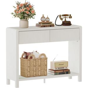 FATORRI Narrow Console Table with Storage, Wood Sofa Table for Entryway, 39.37 inch Modern Hallway Tables and Couch Tables Behind Sofa for Entrance, Foyer, Bedroom, Living Room (Antique White)