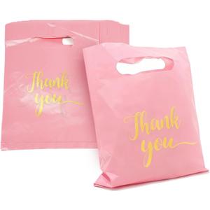 100 Pack Thank You Bags for Small Business, 6x8 Inch Pink Plastic Present Bags with Handles, Extra Thick Reusable Merchandise Bags for Retail Boutique Wedding Party Favors