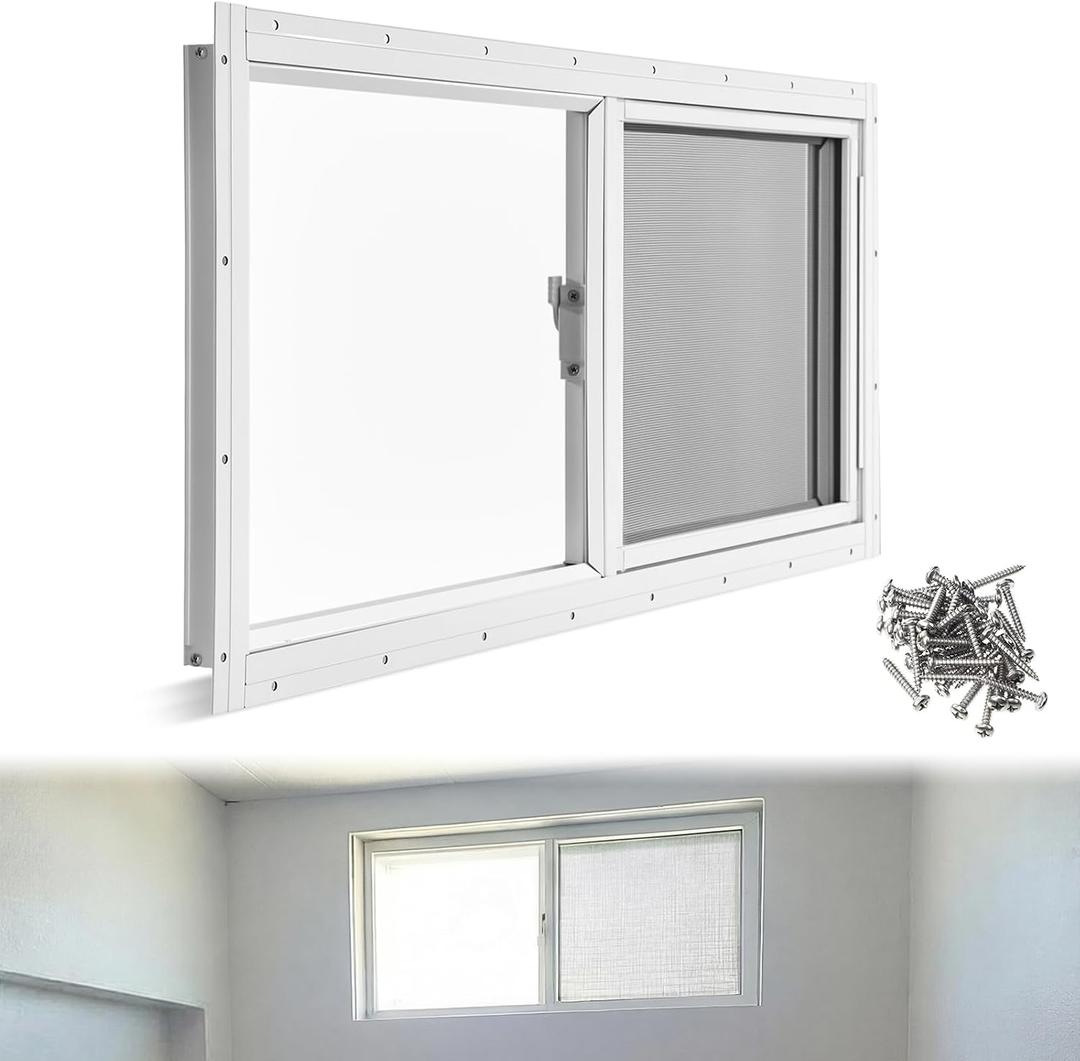 Kathfly 2 Pack Basement Home Window 32" x 14" Mini Basement Windows Replacement with Glass Block Screen and Screws for Home Sheds Barns (White)