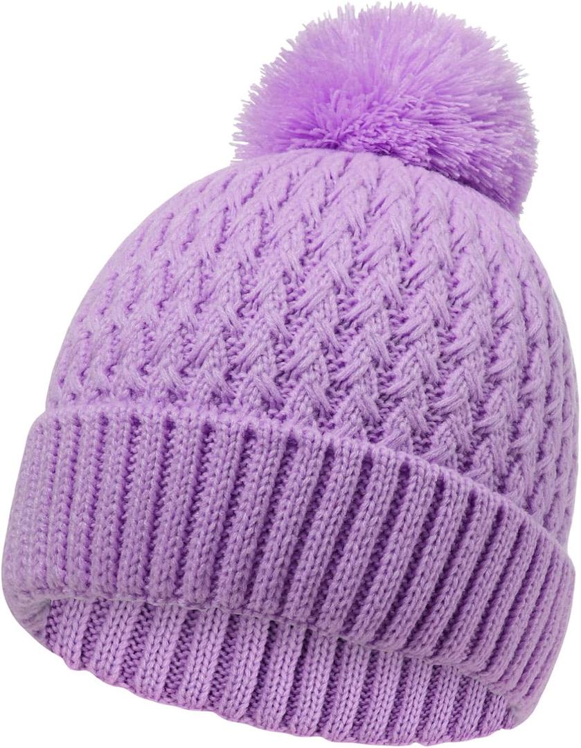 Winter Hat for Kids Children, Girls Beanie with Pom Pom, Girls Accessories Knit Beanies Cap Age 7-12 (Purple)