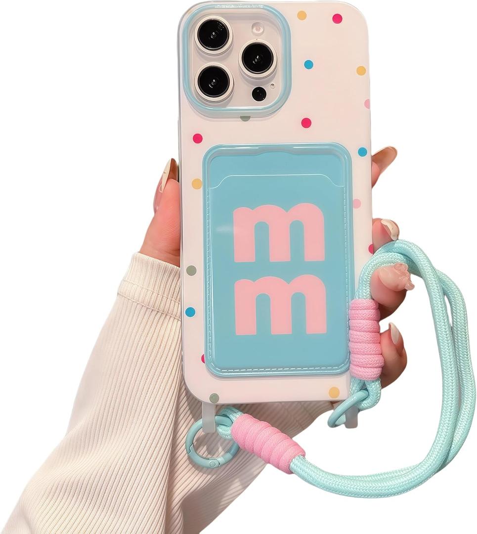 for iPhone 11 Pro Max Case [Cute M Letter Print Card Slot][ Soft Case] [with Anti-Drop Lanyard Strap] Stylish Colorful Dopamine Polka Dots Pattern, Gift for Women and Girls Blue